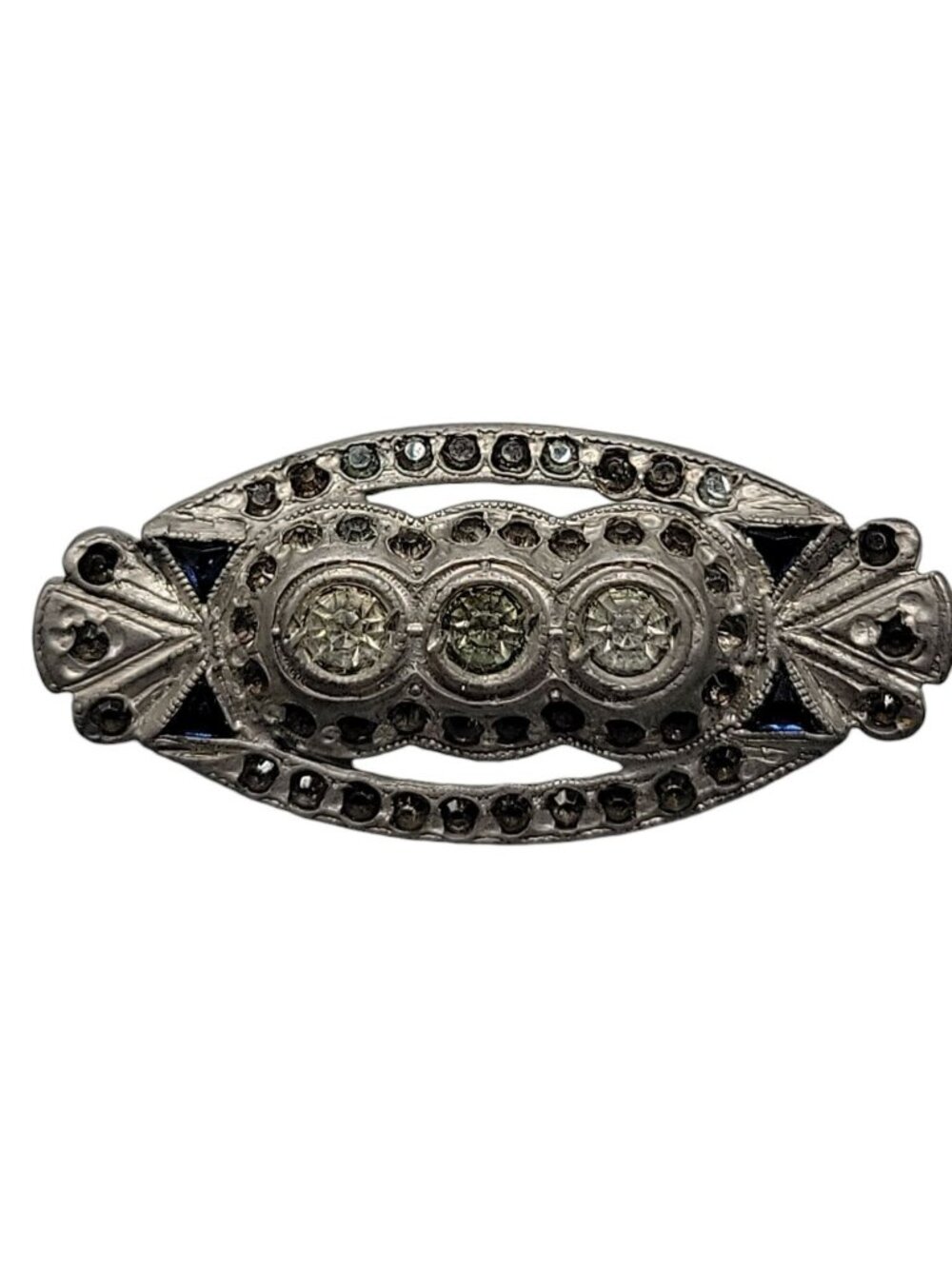 Antique Art Deco Silver Tone Filigree Brooch Pin Three Stone Paste Rhinestone
